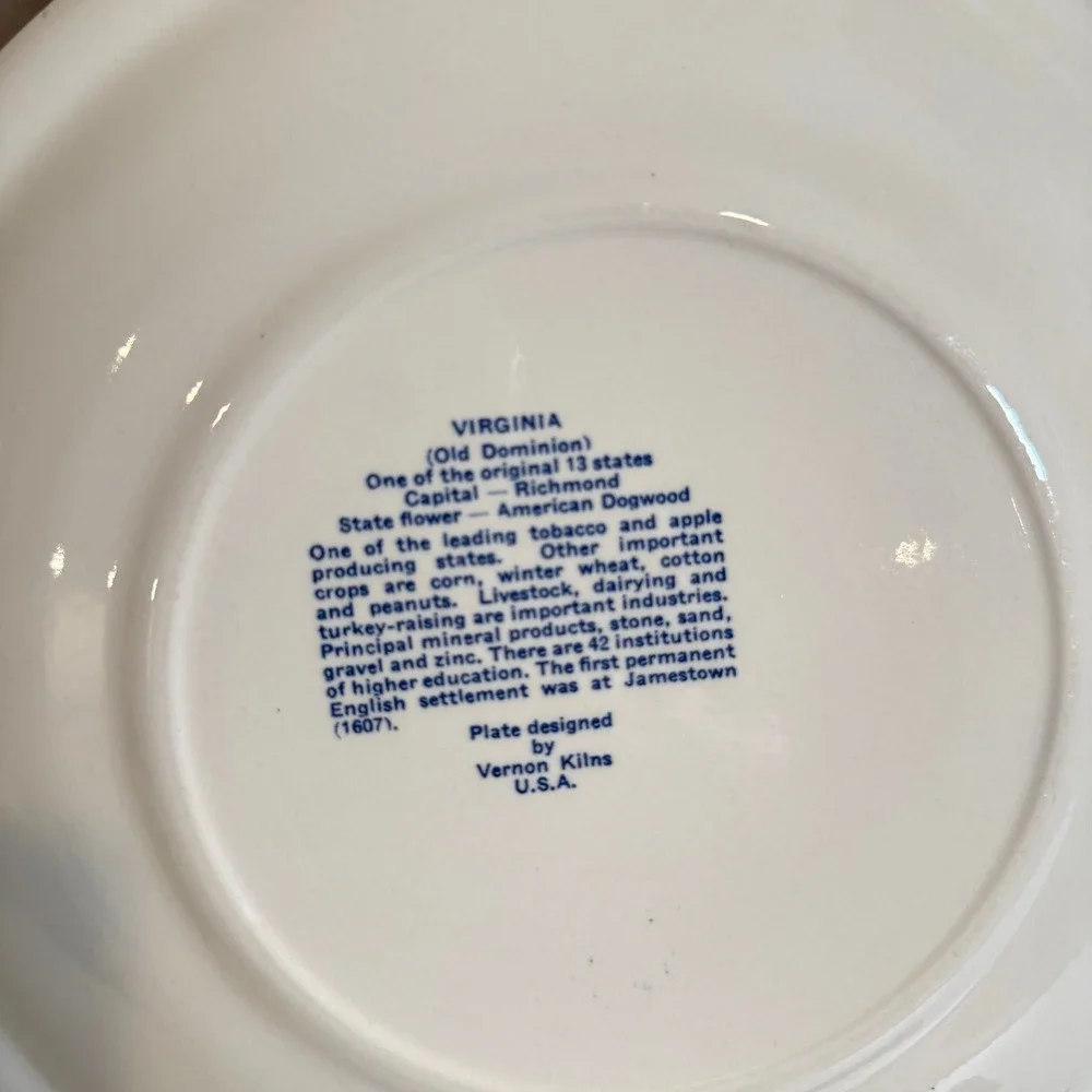 Vernon Kilns Virginia State Souvenir Plate Blue White Transferware Landmarks
